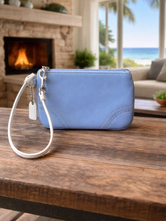 Coach Cornflower Blue Leather Wristlet with White Strap - Picture 2 of 3